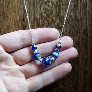 18 Inch 925 Sterling Silver Beautiful Blue Floral Glass Necklace
